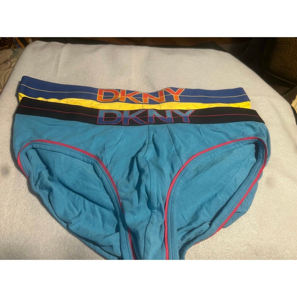 VTG (2) DKNY bikini brief underwear yellow blue ringer legs size XL pouch front